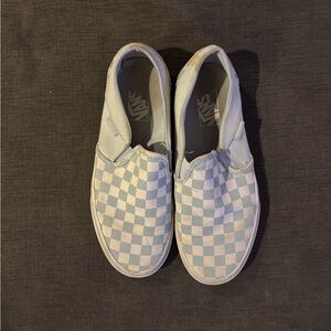 Vans Slip-On Checkerboard Sneakers in Light Blue and White